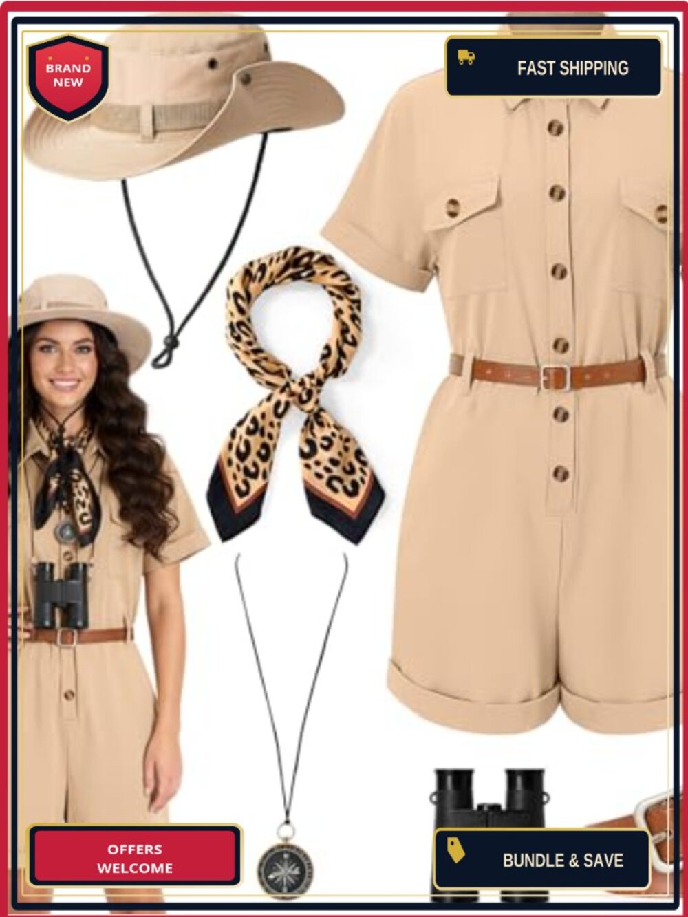 Safari Zookeeper Costume Women 6 Pc Set Overalls Belt Scarf Hat
